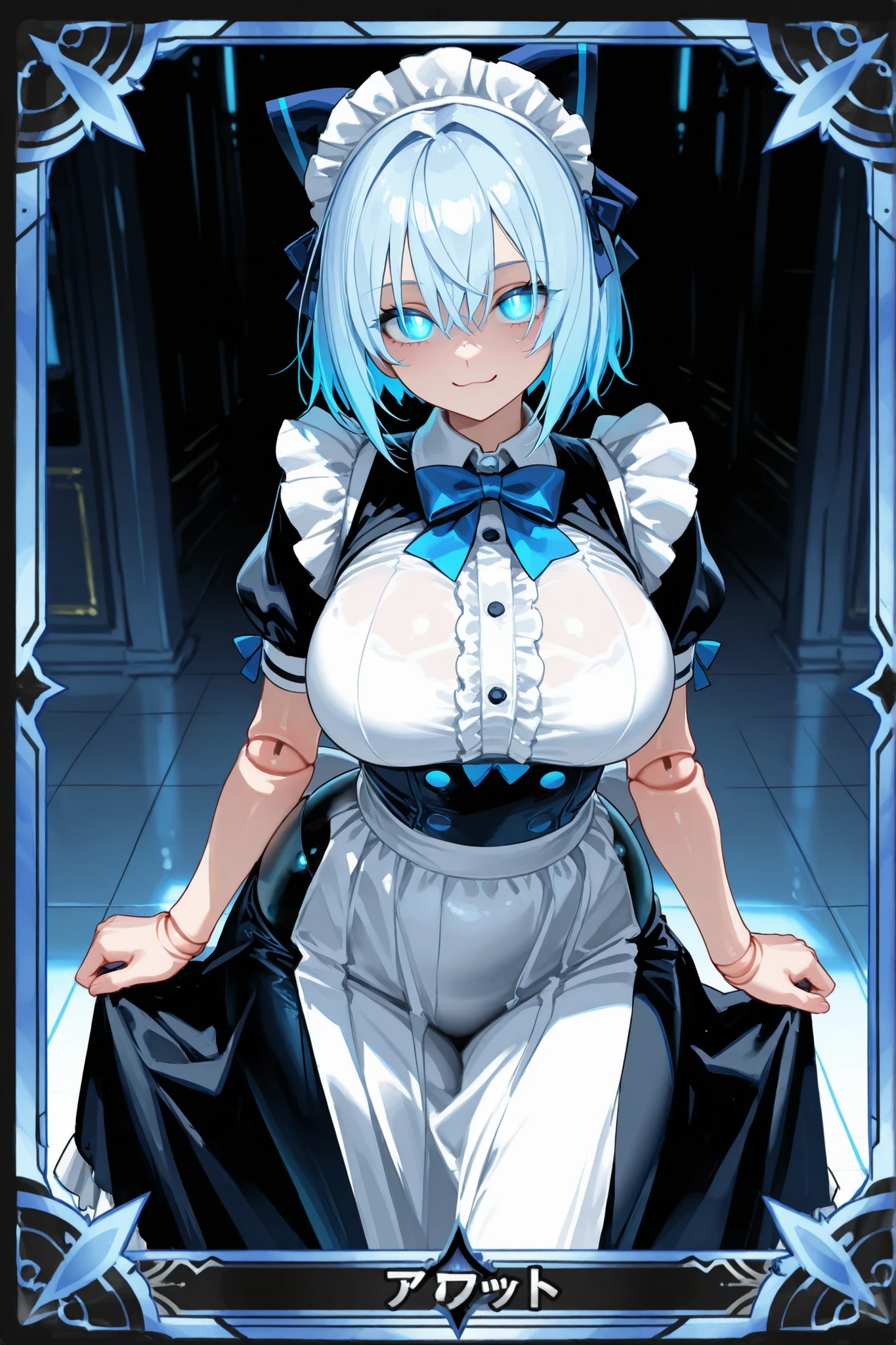Game card style, trading card style, rare card,  fantastic , girl doll, Maid costume, blue bow,  floor-length dress  . short light blue hair, 1 girl, (one) , ((doll joints)), hips,(kind face), doll joints того же цвета что и одежда. big breasts, CURVY FIGURE, wide-hipped, толстые hips, fluorescent Blue glowing glass eyes,  closed clothes .