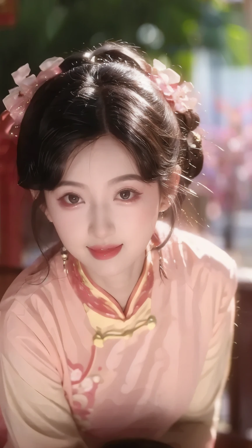 1 beautiful girl,Best Quality,(painting:1.5),Chest,torii,,depth of field, detailed face ,facial focus,ribbon_trim,(watching the audience:1.25),Smile,Thick lips,Real People,Pink cheongsam