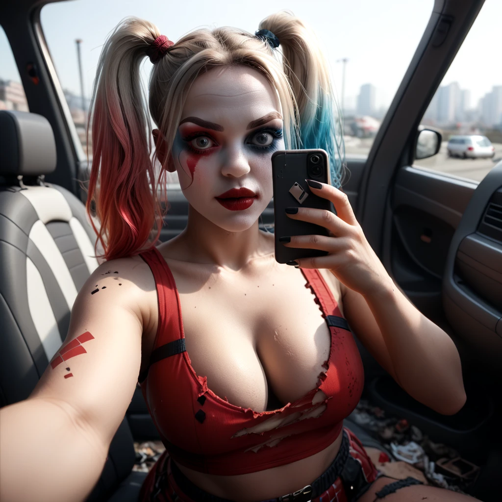 New York, time square, Laurence bedard as Joker Girl 25 years old, macabre, horror, Sharp mouth teeth, full body image, full body tattoo, tight clothes, technological details, Authentic background, (realism: 1.5), (Realisitc: 1.4), (Absurdity:1.4 ), 8k, ultra-detailed, detailed, (full breasts: 1.3), (One only: 1.4 only), (Viewer facing: 1.3),