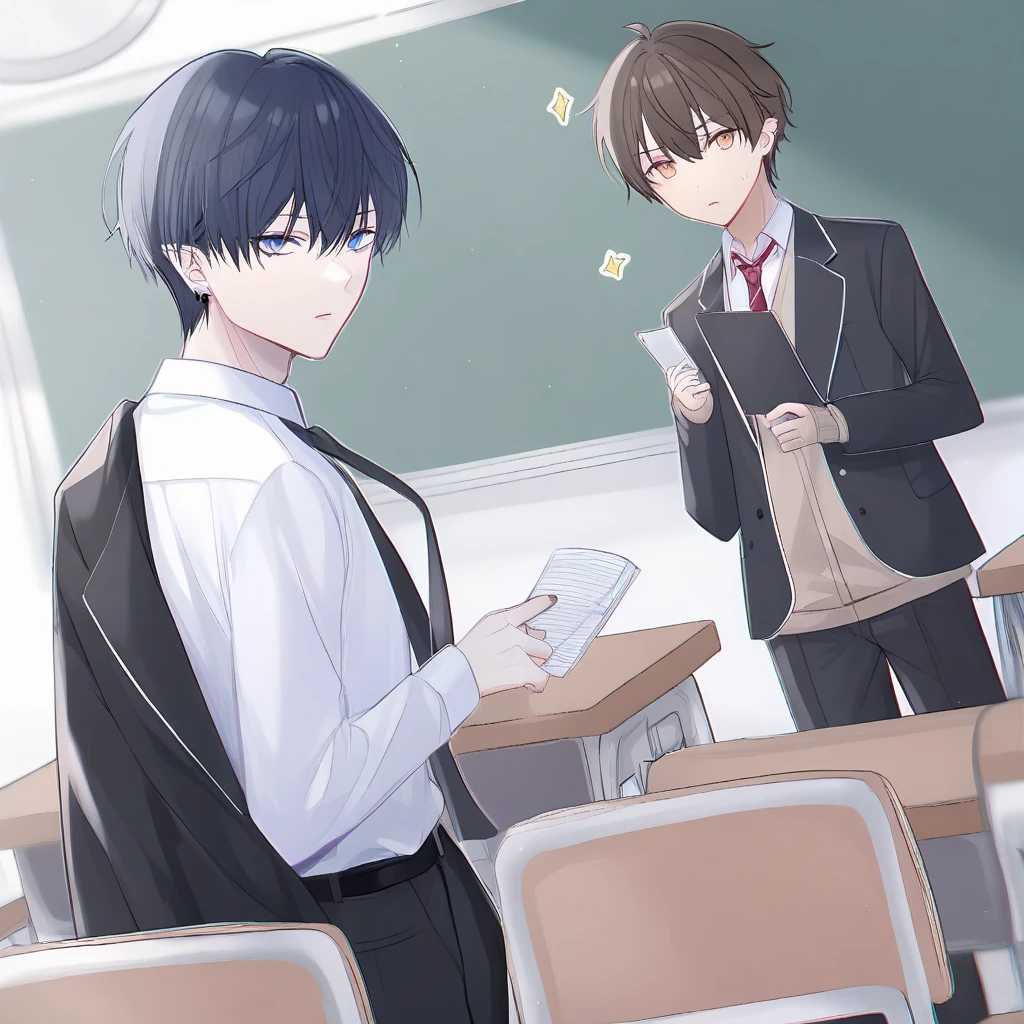 Anime image of a man and woman in a classroom, Perfect facial features,highschool background, Classroom Background, typical anime classroom, Classe escolar, In anime style, In a classroom