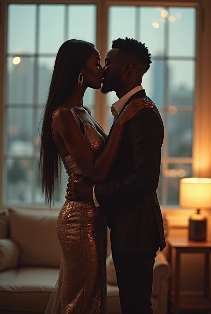 Grace Caroline Currey and a handsome African American male whose facial features are a combo of Nathan Mitchell + Charles Michael Davis + Kelvin Harrison, Jr. share a steamy kiss inside a bedroom lit only by candlelight. Grace has lovely makeup on her face. Nighttime. Romantic ambiance. Symmetrical eyes. Symmetrical faces. Lovely details. Photorealistic. Full-colored photo. Professional photo. Highly detailed 8K.
