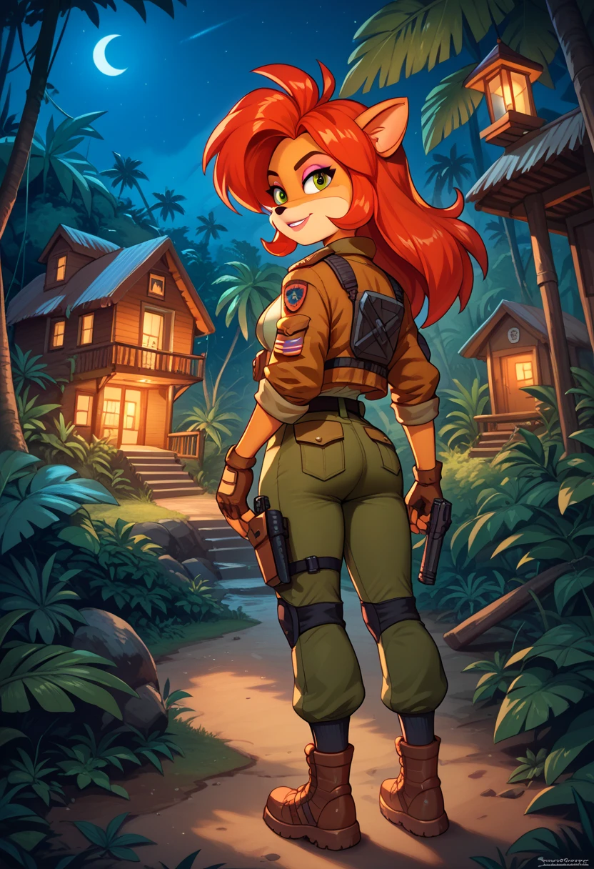 [Coco bandicoot], [Uploaded to e621.net; (Pixelsketcher), (wamudraws)], ((masterpiece)), ((HD)), ((solo portrait)), ((full body)), ((front view)), ((feet visible)), ((furry; anthro)), ((detailed fur)), ((detailed shading)), ((beautiful render art)), ((intricate details)), {anthro; orange fur, black nose, (cute green eyes), (red eyeshadow), blonde curly hair, curly ponytail, (small boobs), (curvy hips), (excited smile)}, {(pink tank top), (cleavage), (midriff), (red cargo pants), (utility belt), (brown combat boots), (goggles on head)}, {(standing), (hand on hip), (looking at viewer)}, [background; (tropical forest), (mountaintop), (grass plains), (blue sky), (sun rays), (ambient lighting)]