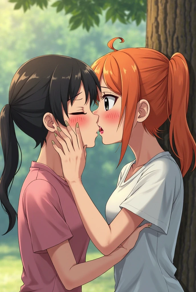 Maki nishikino,love live,highres,red hair , purple eyes,blush ,2girls ,after kiss, eye contact , hand on another's face ,looking at another , otonokizaka ,simple background, tongue, tongue out , upper body ,white background , yuri, saliva trail , domination