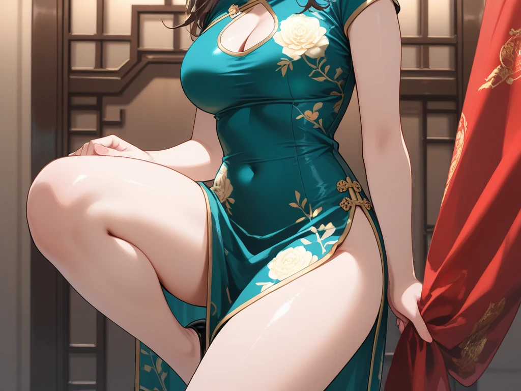 Chinese woman wearing China dress, Very detailed decorations, (((masterpiece))), ((Highest quality)), ((Intricately detailed)), ((ultra-realistic)),, Absurd resolution, Healthy Young Women, Mature Woman, perspective, Very detailed, figure,, (Large Breasts), Perfect hands, Detailed fingers, Beautiful attention to detail, short hair, Green Eyes,(China dress:1.2), Earrings, Detailed Background, Perfect Eyes, Seductive eyes, Are standing,( Looking at the audience:1.6),(Raise the hand, Place your hands behind your head:1.5)