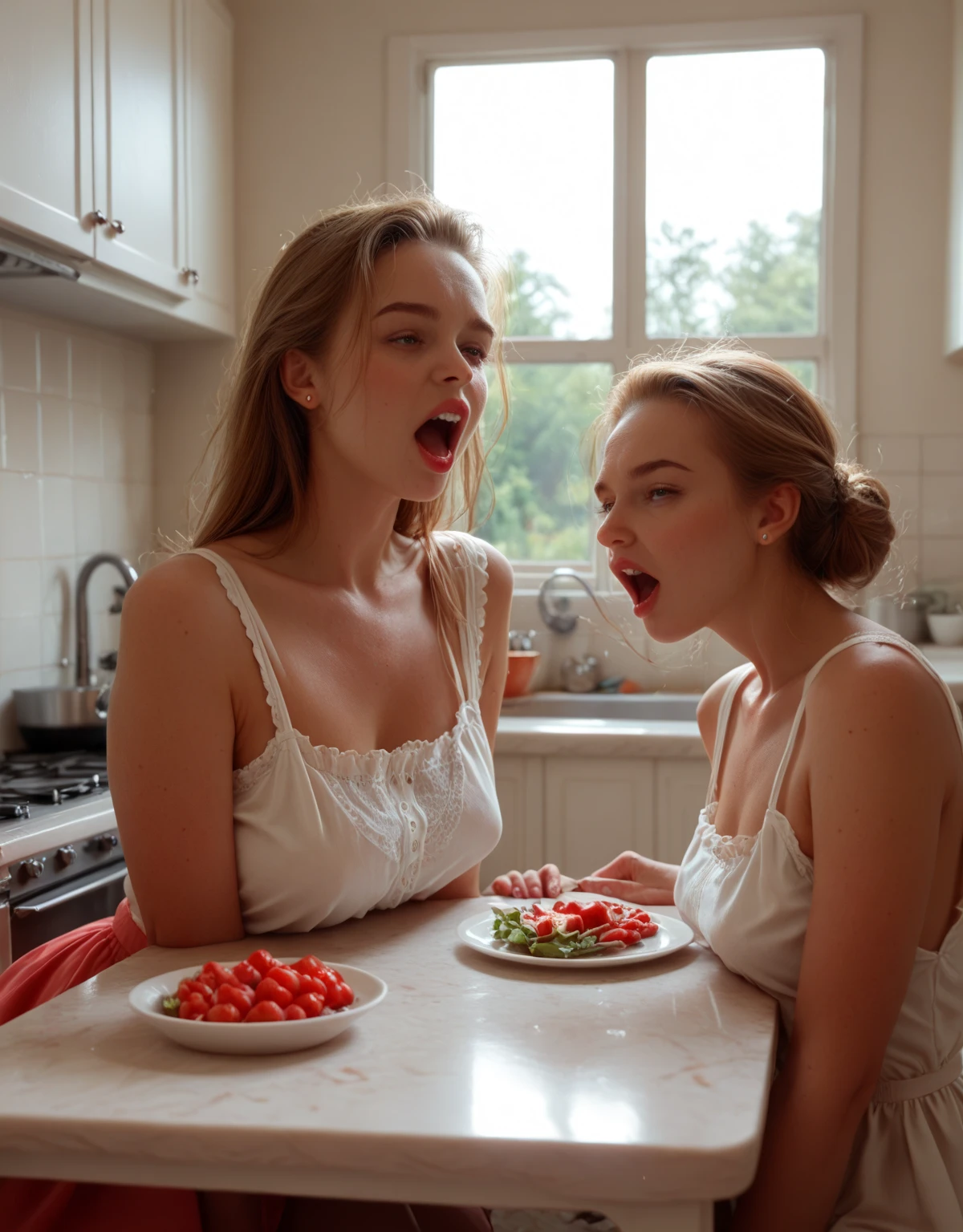 A beautiful girl with Siamese twin, wearing a pink top and beautiful underwear, having lunch in a park, extremely detailed face and eyes, detailed skin texture, intricate details, vivid colors, natural lighting, park setting, detailed foliage, detailed surroundings, serene, elegant, photorealistic, soft lighting, Verism, f/1.2, Eye-Level Shot, Sony FE, Sony FE GM, diffraction spikes, bokeh, 8k, high quality, textured skin, high details, award winning, highres, best quality, super detail, accurate, masterpiece, UHD, retina, highres, 16k