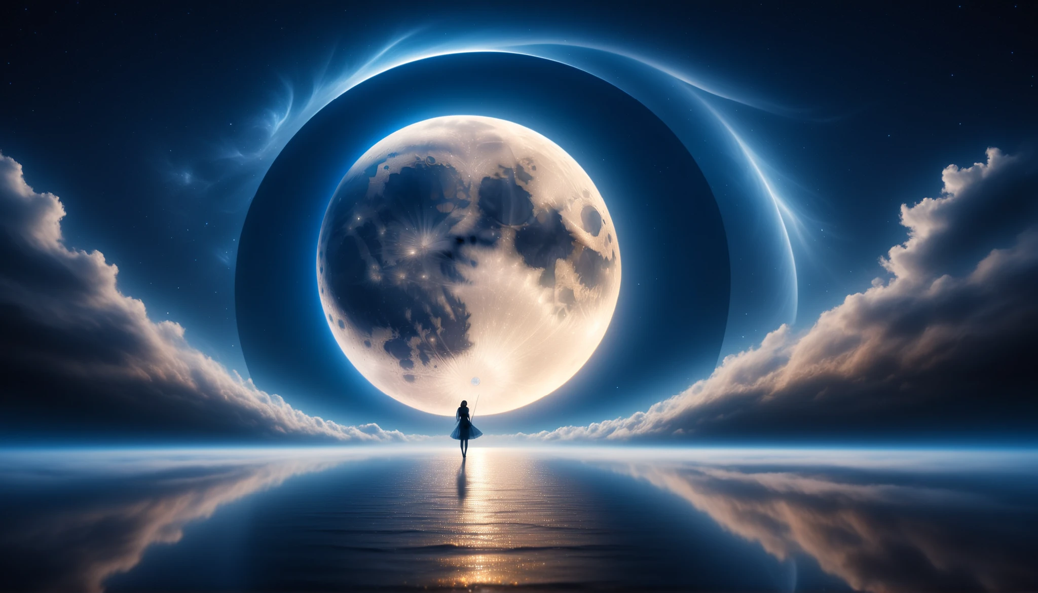 ( A huge blue moon that fills the screen ),one girl,sky full of stars,Clear pattern on the surface of the moon,