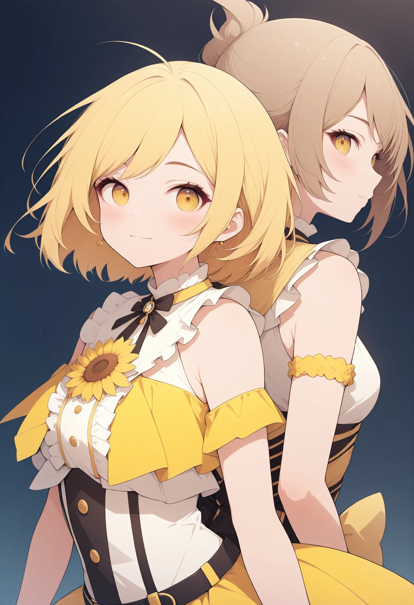 Kirie style、Character、yellow idol clothes、A fictional virtual V-tuber with the image of yellow and sunflowers、(A girl in plain clothes and a V-tuber in the real world of a V-tuber)、back to back
