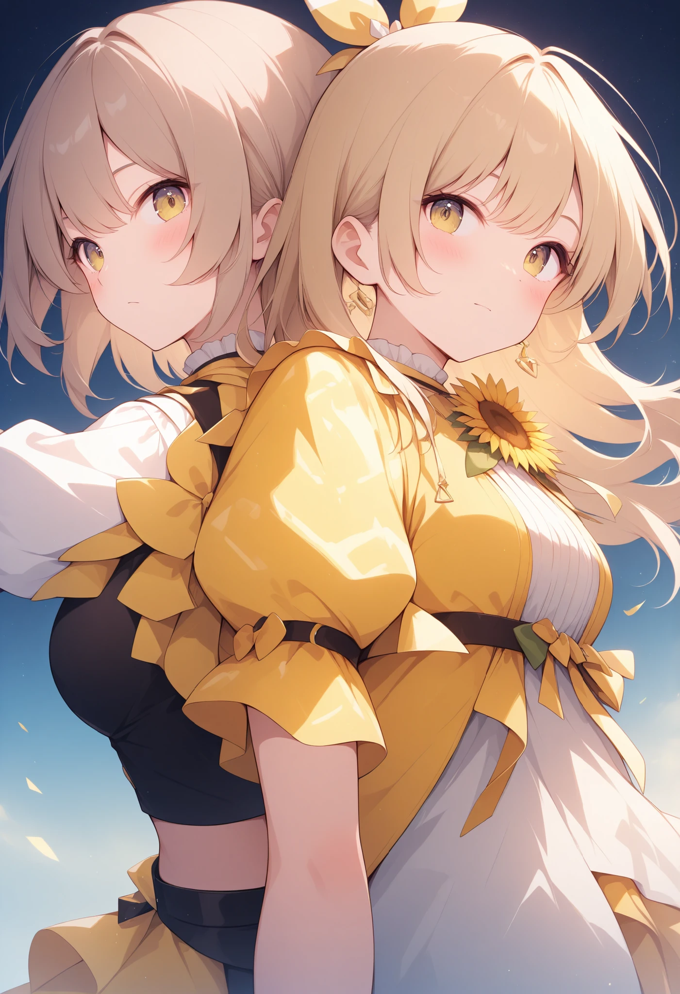 Kirie style、Character、yellow idol clothes、A fictional virtual V-tuber with the image of yellow and sunflowers、(A girl in plain clothes and a V-tuber in the real world of a V-tuber)、back to back