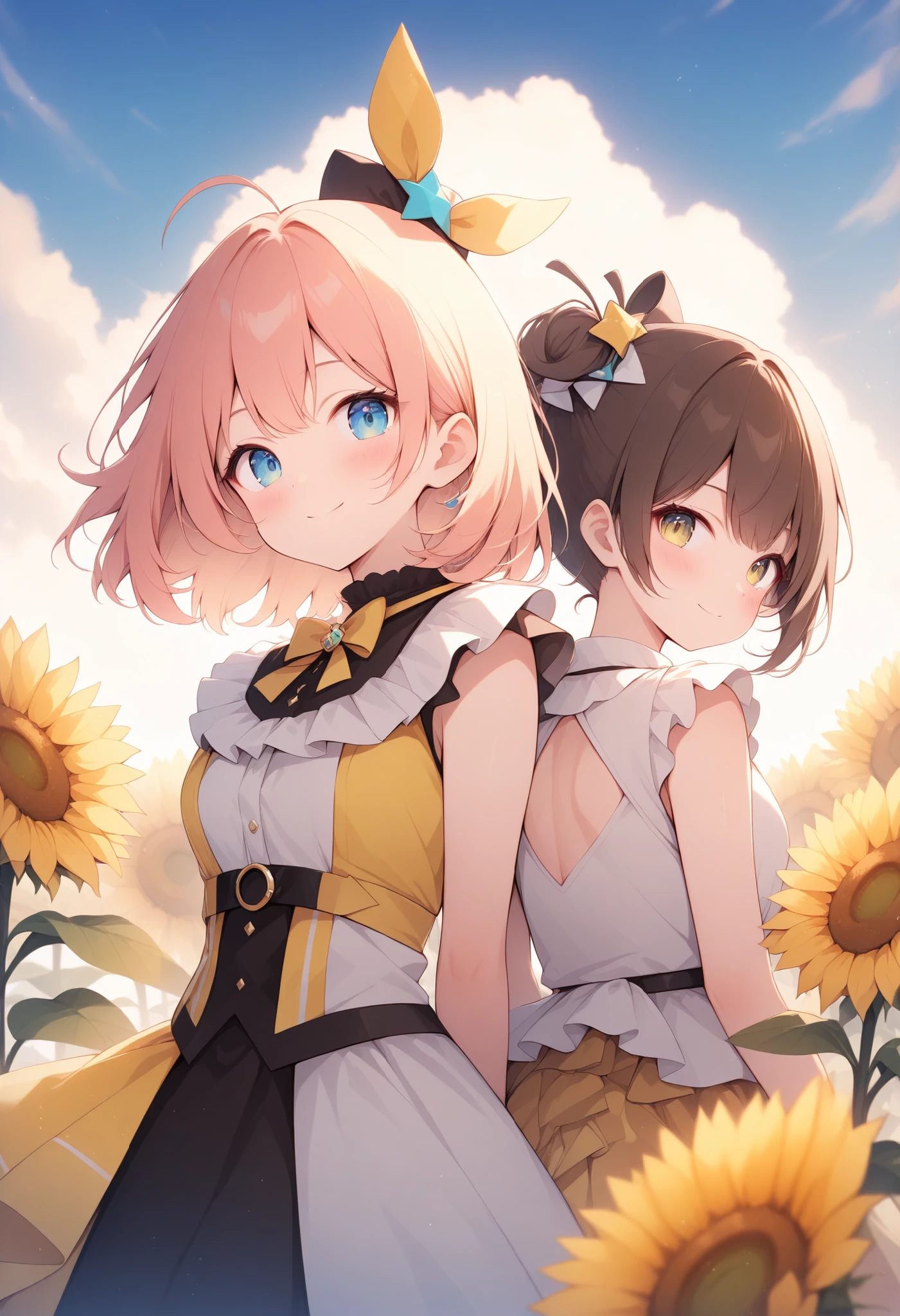 Kirie style、Character、yellow idol clothes、A fictional virtual V-tuber with the image of yellow and sunflowers、(A girl in plain clothes and a V-tuber in the real world of a V-tuber)、back to back