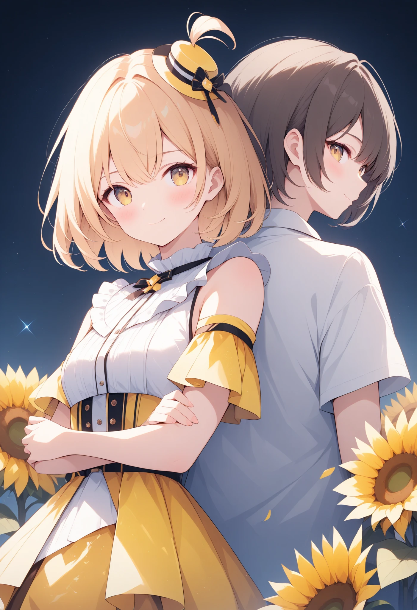 Kirie style、Character、yellow idol clothes、A fictional virtual V-tuber with the image of yellow and sunflowers、(A girl in plain clothes and a V-tuber in the real world of a V-tuber)、back to back