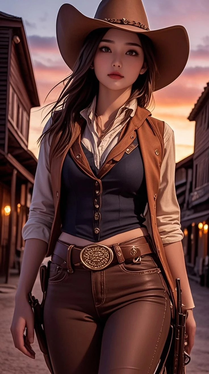 (Masterpiece, high quality), (best quality), (intricate details), (blurry background), 1girl, detailed piercing green eyes, long dark hair ponytail, scarf, duster coat over long sleeves shirt, big cleavage, jeans, bullet belt, (western holster:1.1), (colt single action army revolver), full body, old west, (wild west:1.2), american western old town, outdoors, ( sunset sky:1.4), (cowboy western:1.1), unpaved road, Tumbleweed on road