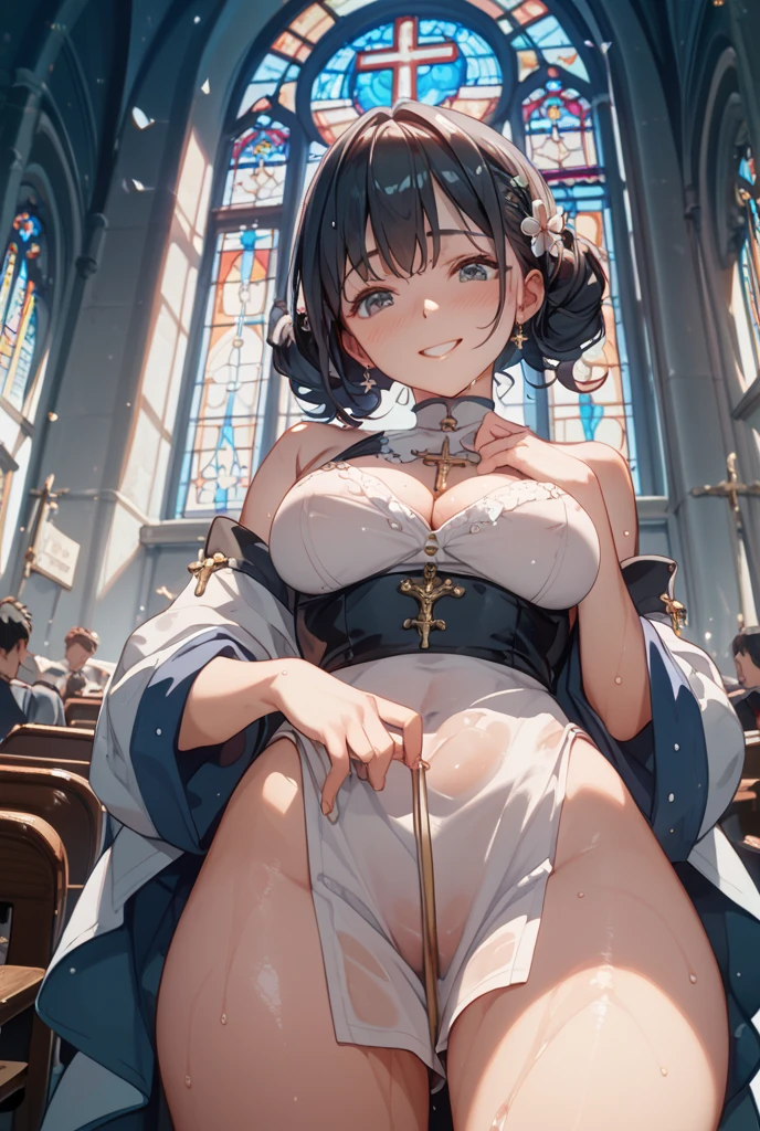 barbara_\(genshin_impact\), hiten kei style, claude monet, oil painting, masterpiece, hyper realistic, realistic skin, best quality, 1girl, chuch interior, cathedral, medium breasts, huge nipples, erect nipples, looking at another, topless, full body, vector illustration, nipples, light smile, blunt bangs, twintails, wavy, white headdress, stomach, navel, bare shoulders, platinum blode hair, wet, soaked, altar, stained glass, white pantyhose, nipple piercing, hands up, arched back, chains, wet body, pouring rain
