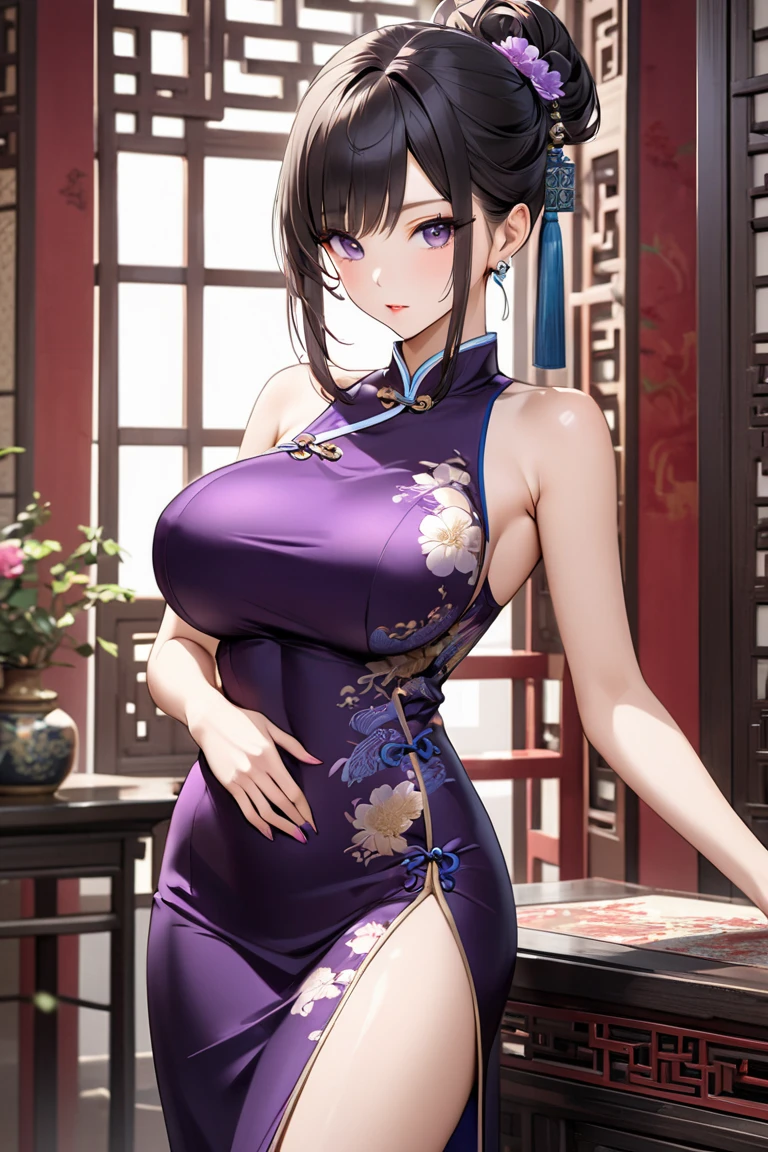 Altria,Royal sister,8K,Dingdall effect,highly detailed,bestquality,bestmasterpiece,Maximum rendering,Ultra High Definition,Movie Lighting Effects,Exquisite facial features portrayal,Having a sense of light,Fantastic Style,close up,long range,face the audience,Swaying figure,Beautiful curves,Gentle as water,Chinese style high waist open padded cheongsam beauty,Wearing dark red dragon pattern cheongsam,It's like a shining pearl,Long legs,Showing thighs,Elegant yet noble,Blue eyes sparkle,Full Color Extra Long Straight Hair,Back to the sandalwood balcony,Standing on the balcony of a tall building, looking at the bright moon
