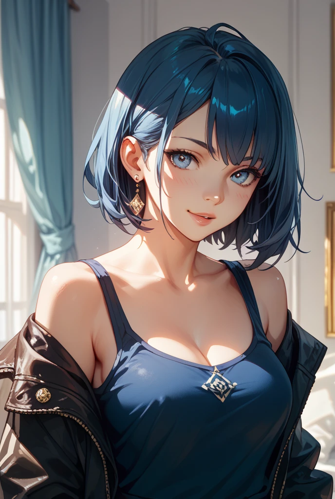 beautiful girl,Dark blue short hair(Inward Curling Bob) ,blue eyes,Blue Dress、race、((Big Breasts))、super close range、Blue Necklace、Blue earrings、hair ornaments、Emphasize the chest
