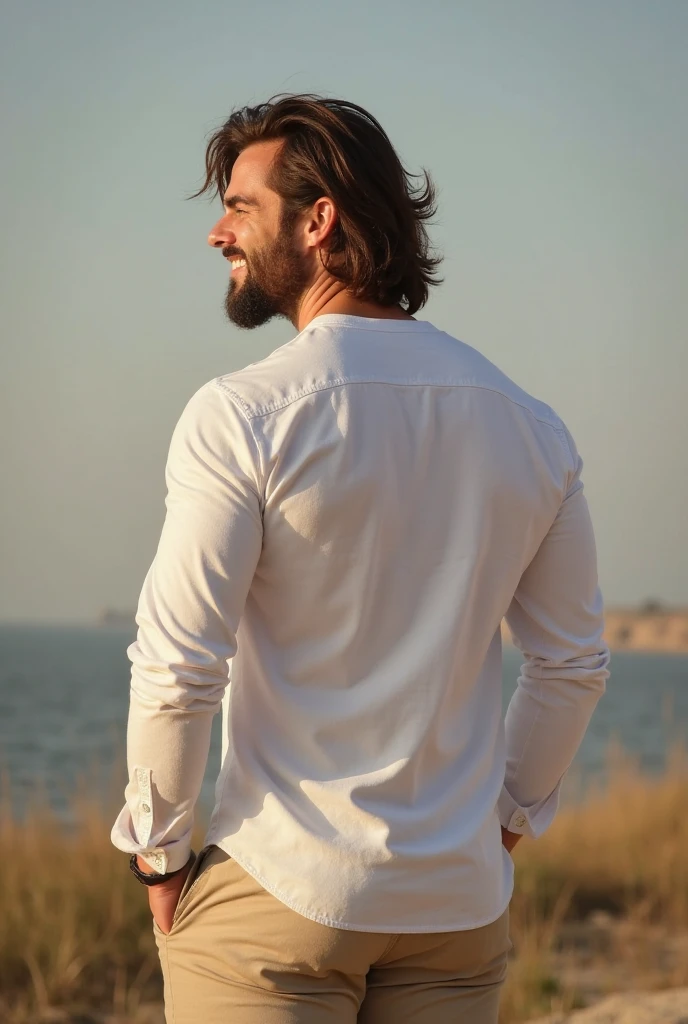 Create an anime-style image of a 35-year-old man with very short dark brown hair. He has small eyes, a large forehead, a round and fuller face with prominent cheeks, and a neatly trimmed beard. His skin is white, and he has a solid, non-skinny build. Importantly, he has a small chin.He is in a selfie pose, with a 50mm camera capturing a close and natural angle. The lighting is soft and diffuse to highlight facial details, using adjustable LED lights or diffused light panels to avoid harsh shadows. The setting is tranquil and symbolic, such as a garden at sunset or a beach at dusk, complementing the contemplative theme of the scene.Position the camera at a slightly elevated angle to capture both the man's and Jesus' faces in a balanced manner. Focus should emphasize the eyes and facial details of both characters, ensuring they are sharp and well-defined in the image.The man should have a natural and casual selfie pose, with a gentle smile of contemplation as he looks towards the horizon. Next to him, Jesus can have a serene expression, also facing the horizon.