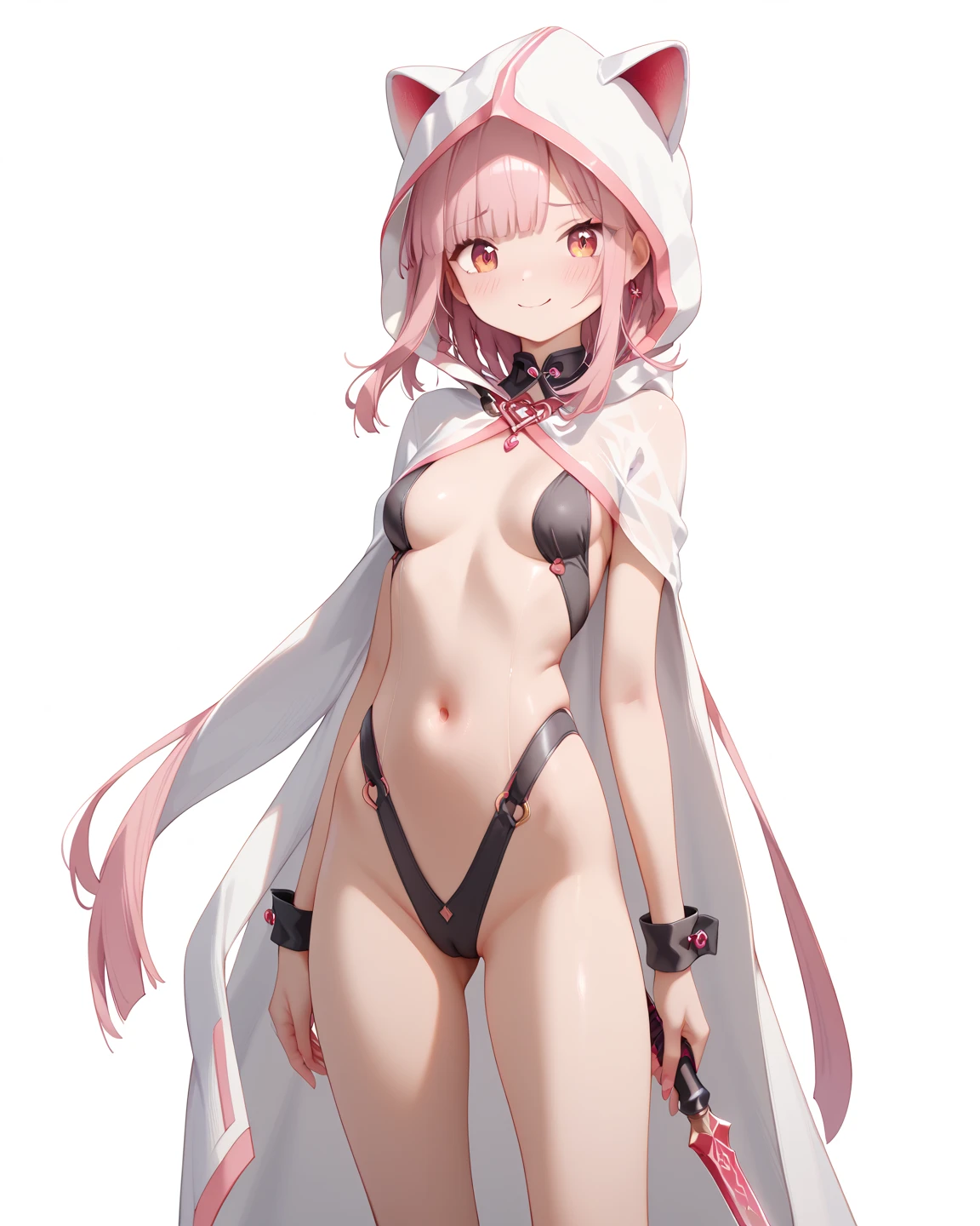 furry shota, rabbit, long rabbit ears, pink hair, long spiky ponytail, spiky hair, detailed body fur, pink eyes, ((purple kimono, open clothes, red fundoshi, goggles)), looking at you, white body fur, detailed face, big eyebrows, detailed eyes, detailed body, simple background, white background, detailed hands, flat body, glistering body, shiny body, skinny, spectacular effects, :3, perfect lighting, perfect shadows, perfect eyes, perfect hair, perfect face, gorgeous body, standing, uper body, hands on hips, solo,