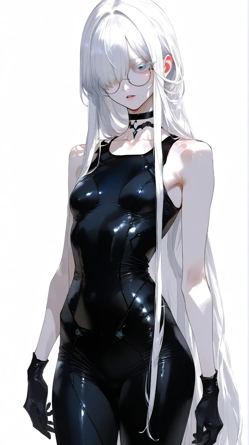 Beautiful albino woman, blue eyes, very long hair, feminine, small breast, short height, blushed face, sexy clothing, revealing clothing