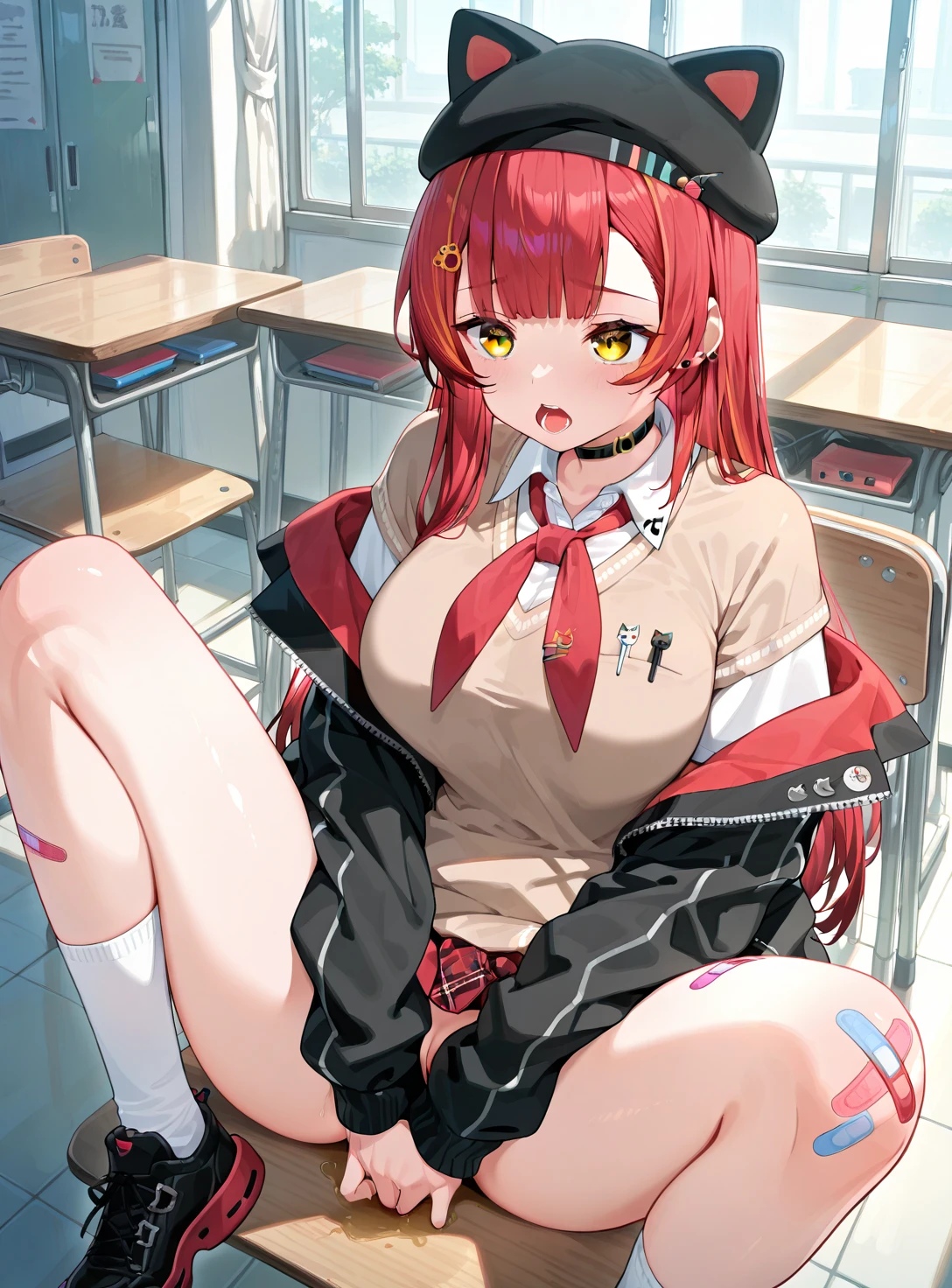 ((Best quality)), ((perfect masterpiece)), (detailed: 1.4), (Absurd), , (nsfw: 1.06), 1nudegirl, solo, accentuated super huge enormously gigantic nude breasts, looking at viewer, (long neon red hair, bangs, beautiful eyes, neon red hair:1.2), white thigh high socks, sexy, seductive, (lying), gigantic nude breasts showing, lifted plaid school girl skirt, full body , nude hairy pussy showing, Perfect nude hairy pussy showing, indoors, spread legs open, gigantic nude breasts showing, glossy lips, nude hairy pussy showing, pubic hair showing, school classroom, realistic, horny, on the floor, sex appeal, cute, photo taken from above, (lifted plaid school girl skirt, armpit bottom, tattoo sleeves and piercings, horny facial expression, very sexy, sexy seductive slutty pose, full body, legs spread open)
