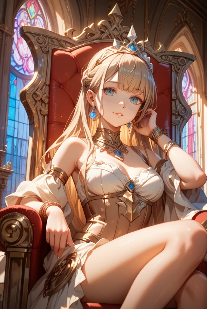 A Queen sitting on the throne, European, detailed face, dramatic lighting, cinematic angle, photorealistic, 8k, high resolution, hyper detailed, masterpiece,refiner: woman face,light beams,open legs