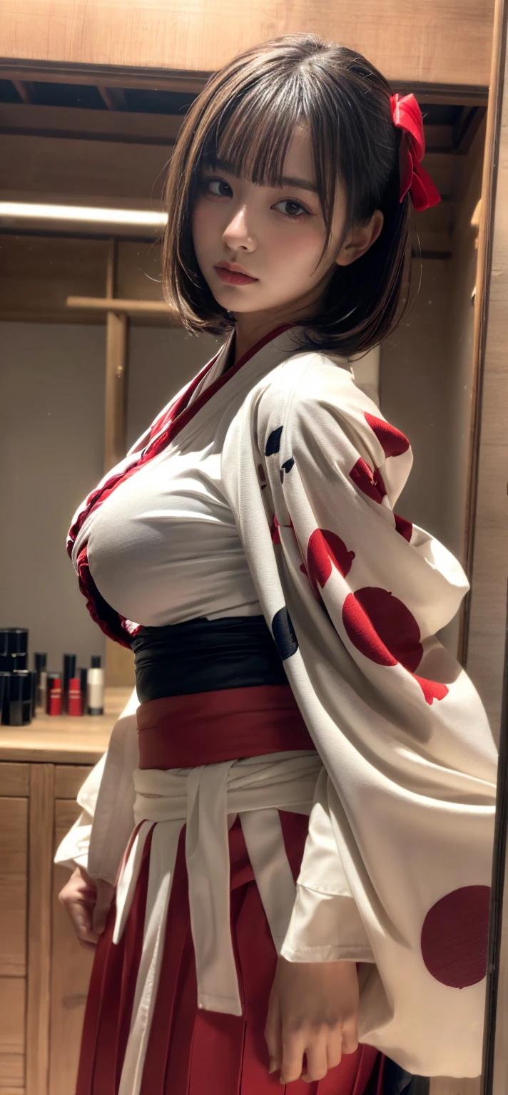 best quality, high quality, masterpiece, detailed, high resolution, breasts of unusual, a shadow falls on my face,big breasts,cheeks are red,I am excited, Sadistic smile, 1 big, cowboy shot,
hair style,(red Another long bowlcut ), Clothes,(((Japanese kimono, ))), Sadistic smile,