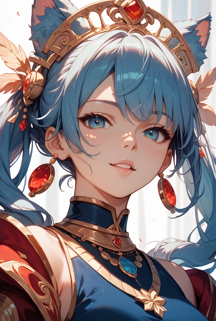 upper body, portrait, masterpiece, best quality, j3stdr3ss, cleavage, bare shoulders, detached sleeves, strapless, tassel, jester cap, jester dress, 1girl, solo, short hair, white hair, <lora:freckledvixon_jester_dress:0.7>