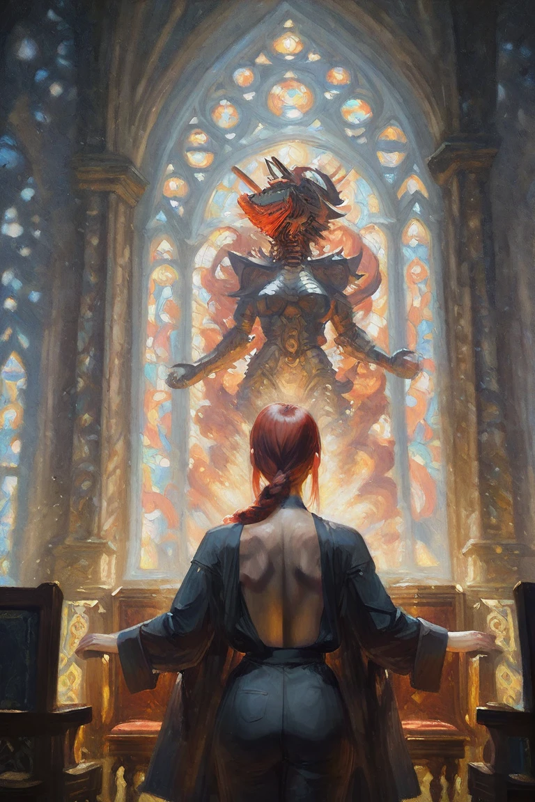 rpg theme, a large prison with dark stone walls in the center a metallic structure in the shape of a glass cylinder that in the middle of the sides emanates energy that goes to a crystal that is in the center where inside the cylinder there is a red tiefling wearing leather armor with 1 whole horn and another half on her head her eyes are closed as if she were sleeping and her hands rest on her belly, the crystal exudes magic in a dark blue color