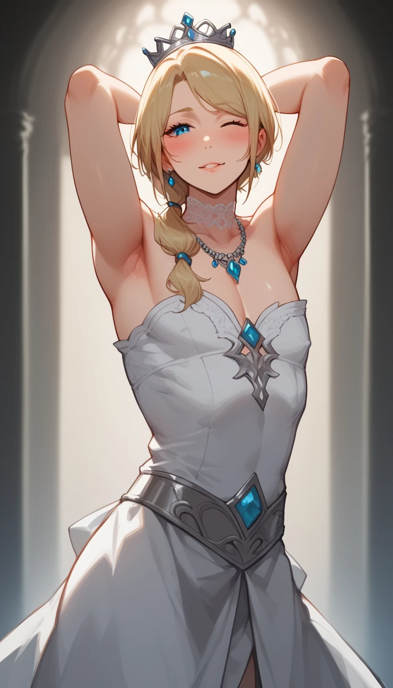 1girl, solo, masterpiece, white girls, blonde hair, shiny hair, shiny eyes , looking at viewer, posing for photo shoot, wearing belt, wearing gloves, wearing pendent,cute and high