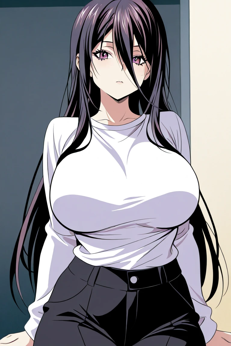 A woman with very long black hair and (very long bangs:1.5), wearing a stylish jacket and tight jeans, standing. The artwork is inspired by manga and incorporates a doujin style. The woman appears to be (wetting herself:1.5), which causes her to feel embarrassed and humiliated, resulting in a blush on her face. In addition, there is an air of anger in her expression. The lighting in the scene is moody, with a spotlight highlighting the woman's figure. She is crossing her arms, (arms crossed:1.5), fully showcasing her jeans., large breasts