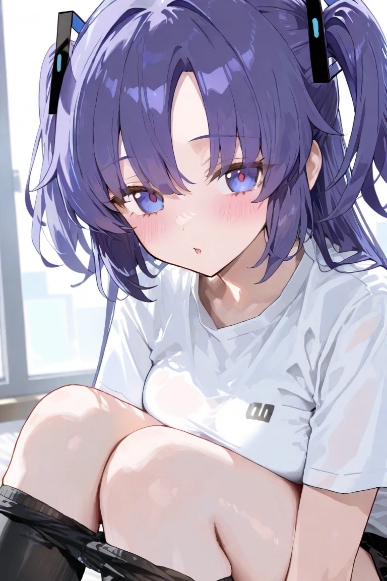 best qualtiy, tmasterpiece, 超高分辨率, realisticlying, 1 girl, long white hair,Heterochromic pupils,see through shirt,(slightly drunken expression),(Stick out your tongue),(winking)(M-legs)Bottoms purple stockings,Morning glow,wide angles