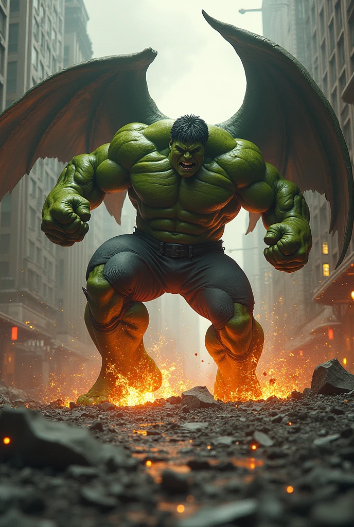 "Amidst a ravaged, smoldering landscape, the colossal, green-skinned giant Hulk, his massive muscles rippling like thunderheads, clashes with a behemoth dragon, its scales glinting like black diamonds, as the two titans exchange earth-shattering blows, the Hulk's gargantuan fists crushing boulders and sending the dragon's fiery blasts soaring back at it, while the dragon's claws tear through steel and stone, its wings generating hurricane-force gusts, as the battle rages on, fueled by the Hulk's unyielding rage and the dragon's primordial fury, shaking the very foundations of the world."