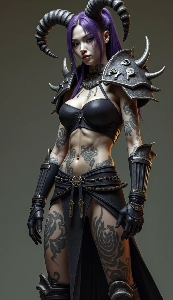 (high resolution, pixel perfect, gorgeous illustrations), (hyper quality, muste piece, etheric: 1.4), (cowboy shot), face focus, ((1girl)), (((boyish))), (((15 years old))), (((((punk))))), hot Rocker punk girl, ((((sexy pose, open stance)))), cool atmosphere, black hair, ((((very_short_hair, slicked_back_hair)))), (((piercing))), eyelid_piercing, nose_piercing, (((Exquisite face))), blush, ((black_lips)), tattoo, ((((muscular_female)))), (ideal ratio body proportions, slender, small breasts), fighter, ((((wh_chi_armor)))), ((highleg_leotard_armor)), (((cameltoe))), shiny skin, gleaming skin, simple background,