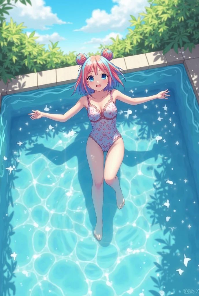 1Beauty,solo,Colored hair,colored see-through sexy tops,White skin,(short legs:1.4),(Sitting sideways:1.4),White pantyhose,white shorts,Fine toes,clear toes,Outdoors,Stand on the water,Transparent flip flops,the facial details are perfect,and the character details are exquisite,trendy fashion clothes,trendy portraits,bright colors,clean background,3D cartoon style rendering,large aperture,pop Mart production,delicate gloss,8K gradient translucent glass melt,camera caught from above 8k