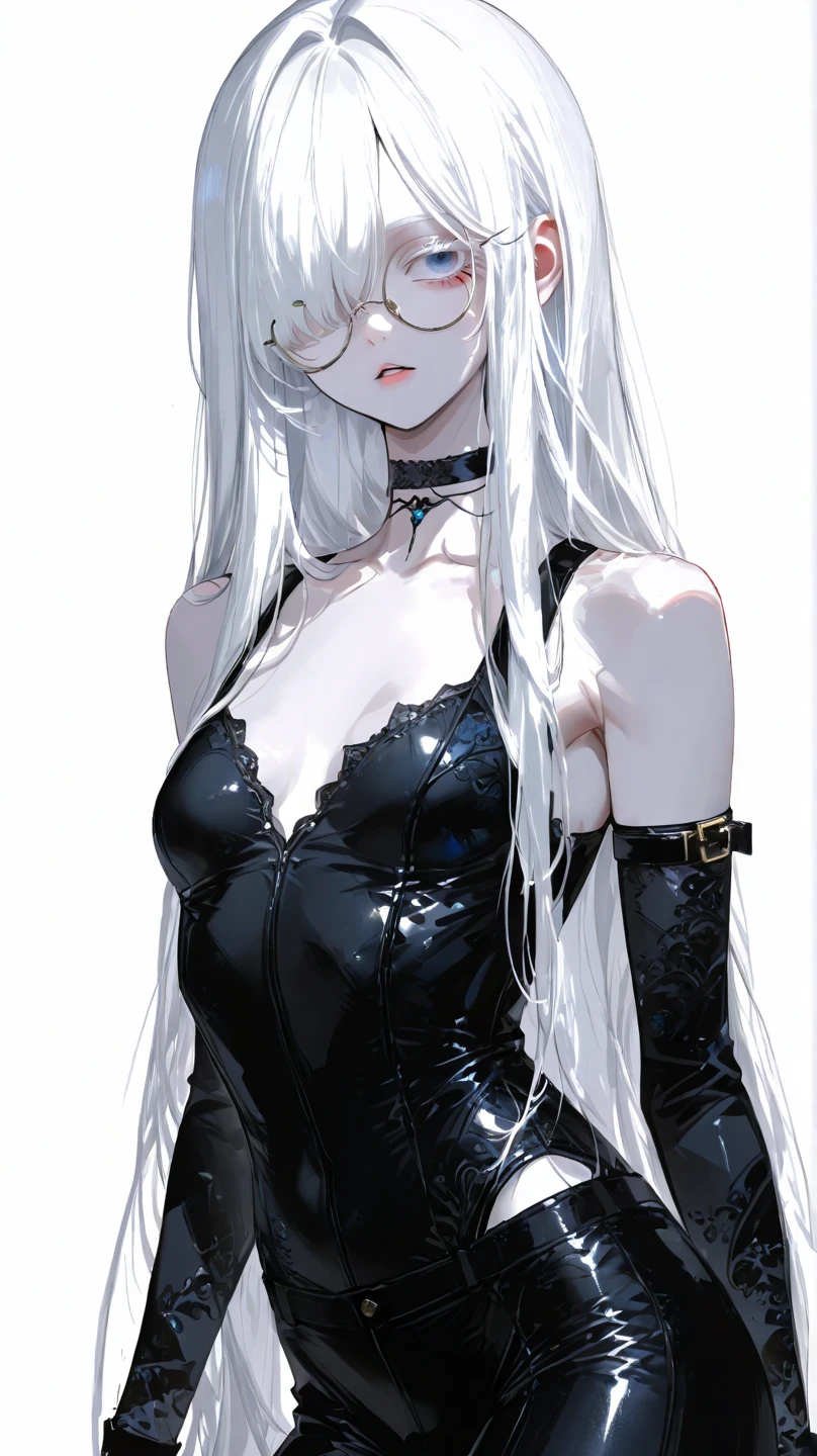 Photograph of the upper body of a beautiful woman, , [see through] ,(black pants:1.47),(Wear a medical gown:1.47) (big breasts), (small waist, perfect body), Sharp focus, (tall body, mature woman), ((Looking ahead)), (Highly detailed skin, hair follicles:1.4,white skin) (Long white hair tied half-way down.,purple eyes) wear glasses, (Looks embarrassed.) ,doctor