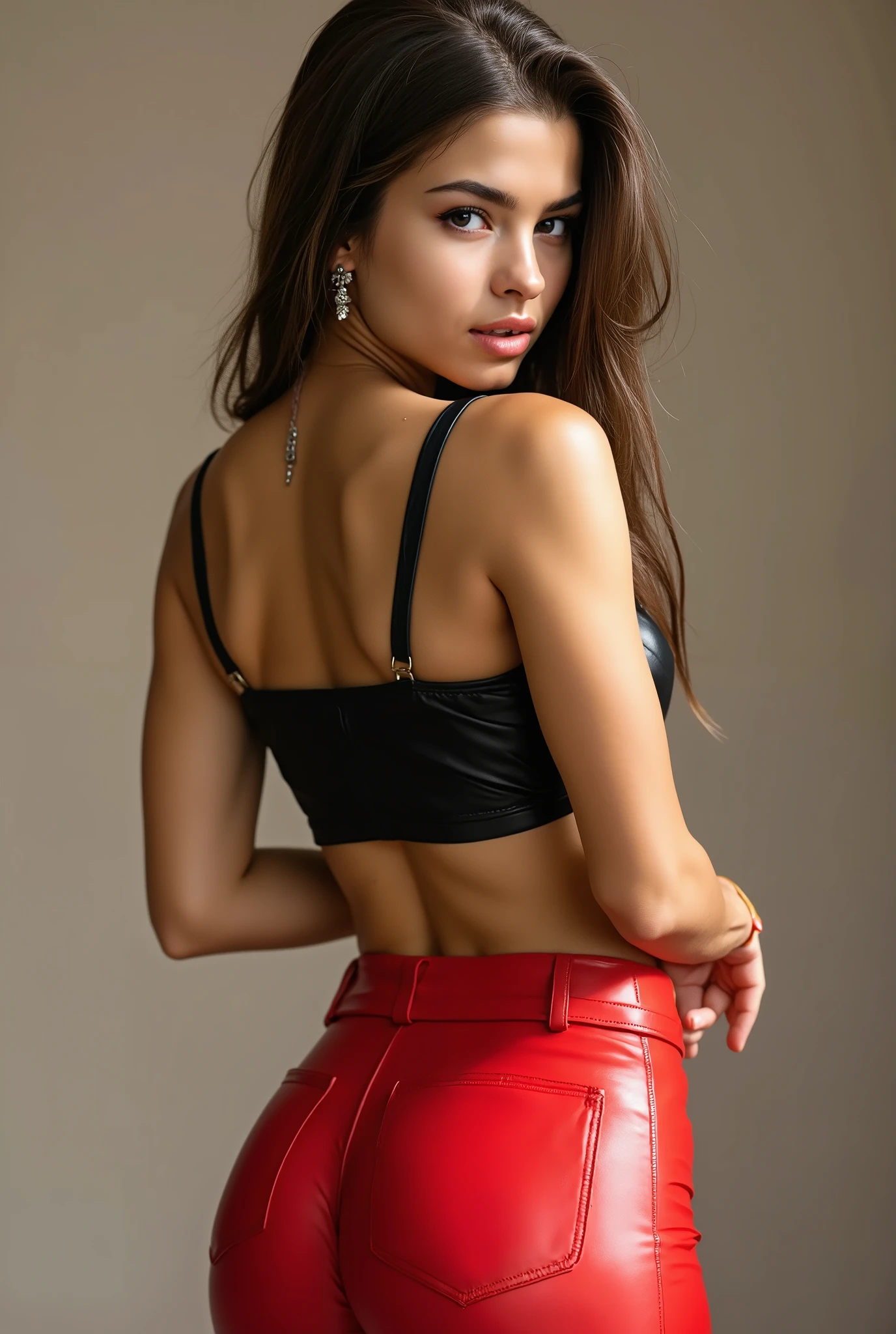 The girl is 26 years old . 25 waist , 32 breasts . The length of her face is higher than her width . The forehead and jaw are almost equal , while the chin is smoothly and neatly rounded . The widest points are the cheekbones . Voluminous sharp lips with a clear shape and a soft contour . Brown almond-shaped eyes . graceful wasp waist beautiful curved long legs . elegant , flexible , slender body . A short , tight-fitting black leather T-shirt is worn on the torso . She is wearing red leather jeans . Slightly turned her back to the camera . Her head is slightly turned towards the camera . The camera sees her full-length .