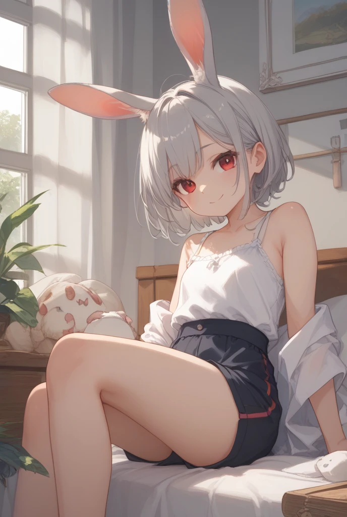 Girl with short fluffy ash hair. Yellow eyes. Calm face, nude, black collar. On floor, fantasy house living room, slender body, blush