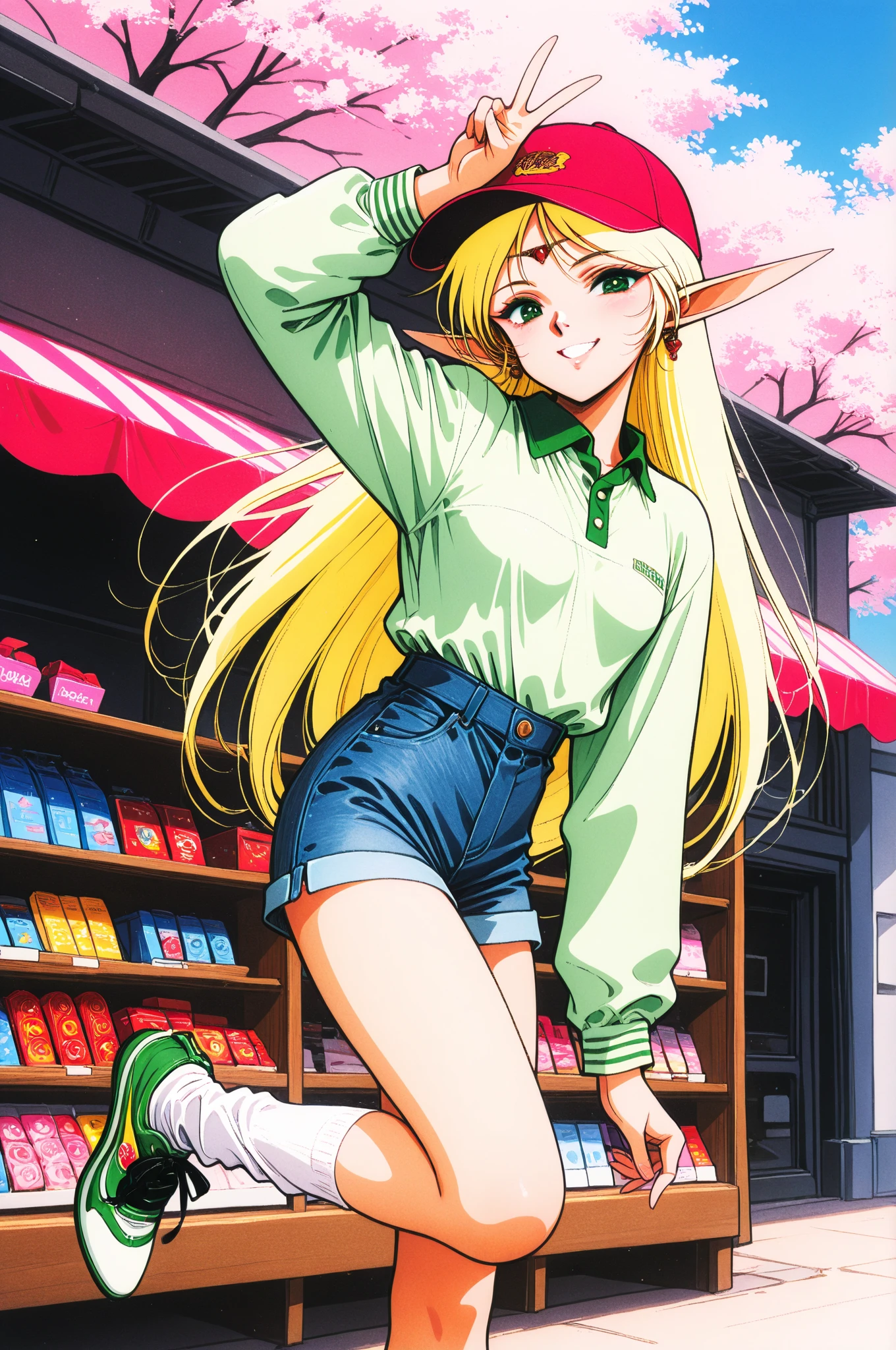elf child girl blond hair,pointy ears, green bikini,heel sandal,thigh high socks,bend over,smile,1990 clothing,.90s,1990s,game store,video games,shelfs, lights,