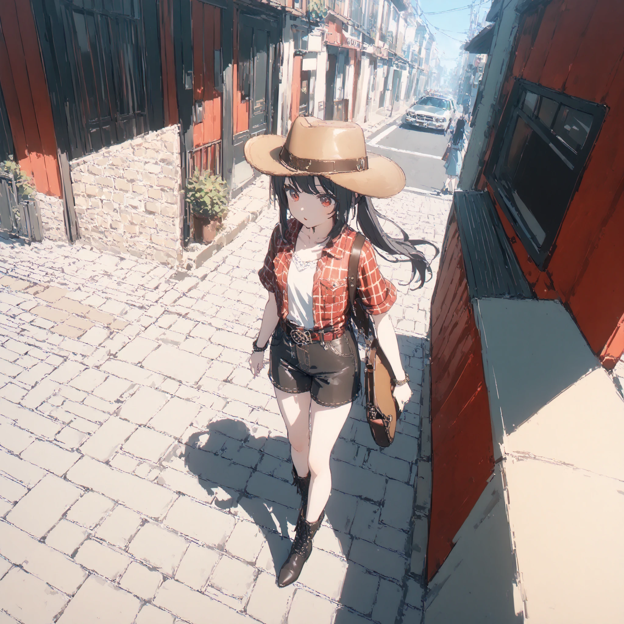 bright red summer American western wilderness , Adult Female red eyes black hair, Walking the Streets , Full Body Portrait , small breasts、women's western cowboy costume cowboy hat,Leather Boots, ponytail ,Sketch Anime,ポニー・scoreス,score_9, score_8_up, score_7_up, Trending on pixiv, (anime style:0.8), masterpiece, Highest Quality, amazing quality, very aesthetic, high angle, detailxl,3DMM,