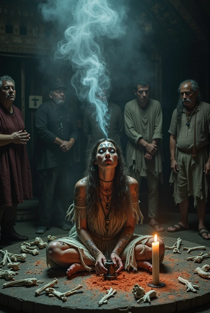 ritual of sacrifice in aztec temple. Lara Croft sleeps on altar, with aztec priests , close up, dagger, gritty, bloodied,