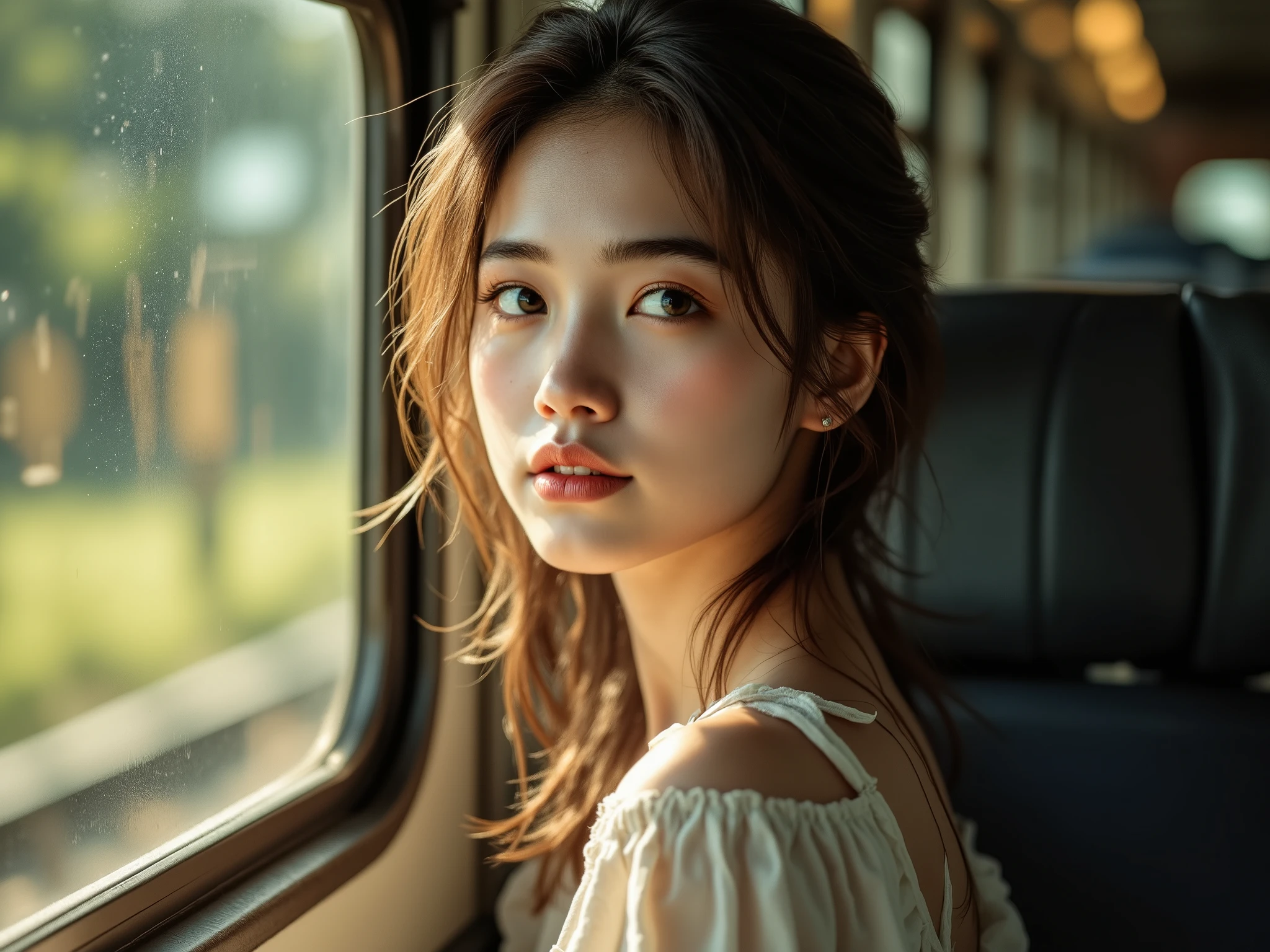 Hyperrealistic photo, Canon EOS R5 emulation, young Thai woman on a train journey, morning light streams through the window, reflecting in her brown hair, calm expression, 4:3 aspect ratio, detailed, 8K