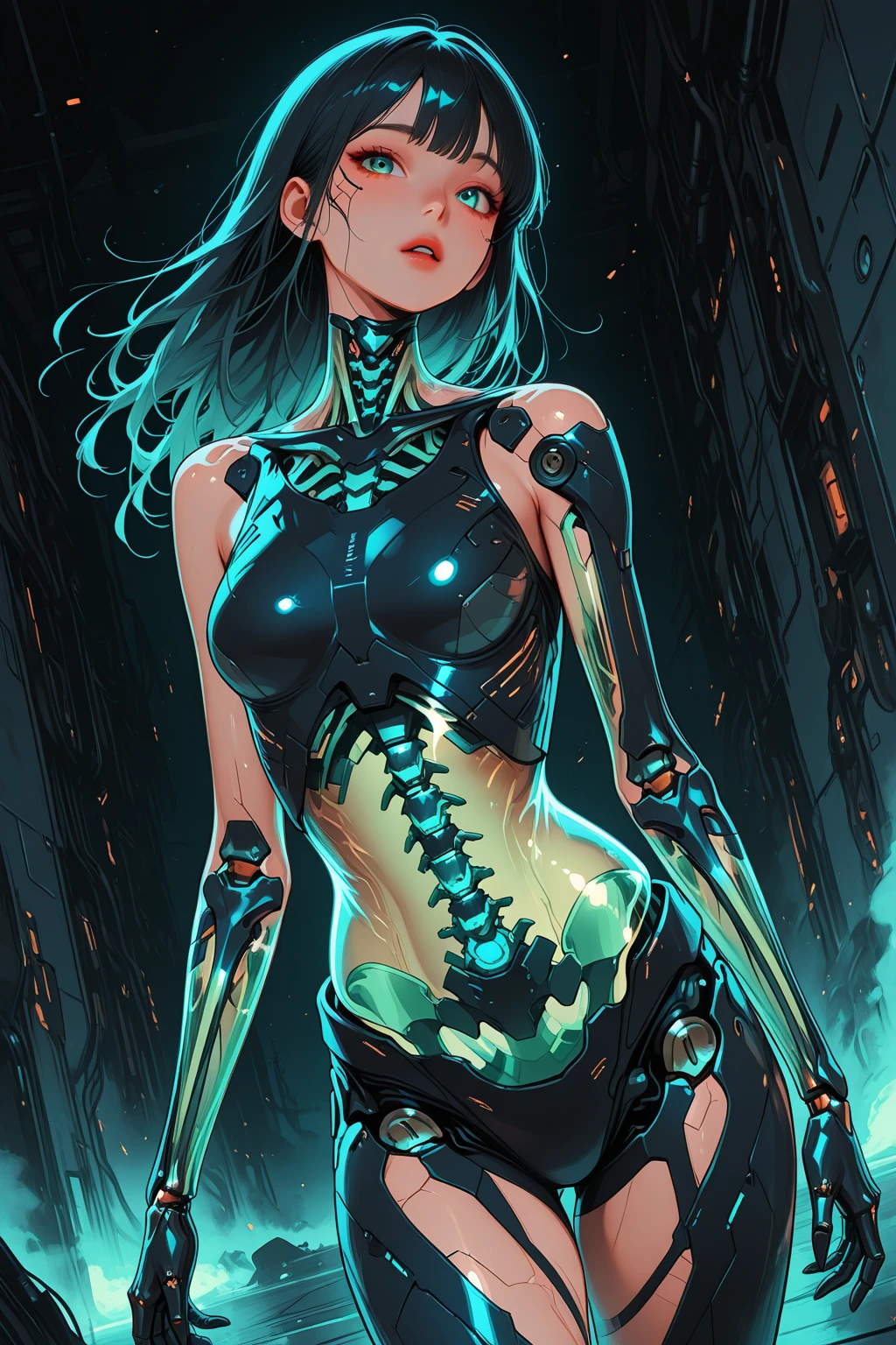 cyberpunk cityscape cybernetic robot cybernetic style biomechanical cyberpunk masterpiece,best quality,absurdres,high details,amazing body,at distance,cowboy shot,posing,flirting,(playful gaze, smirking:1.1),1girl,<lora:transparent_body_lora01:1>,transparent body, . cybernetics, human-machine fusion, dystopian, organic meets artificial, dark, intricate, highly detailed . futuristic, technological, cybernetic enhancements, robotics, artificial intelligence themes . android, AI, machine, metal, wires, tech, futuristic, highly detailed . neon lights, dark alleys, skyscrapers, futuristic, vibrant colors, high contrast, highly detailed