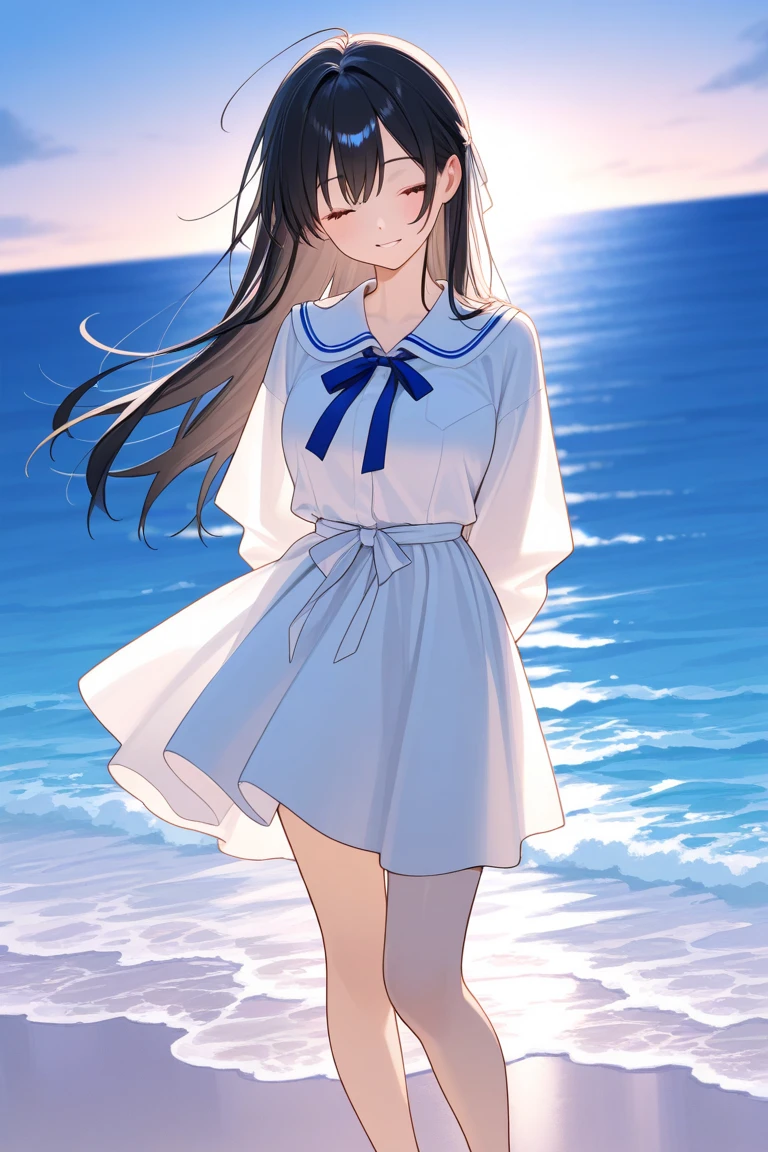 (low angle,from below),((masterpiece, highest resolution,best quality)), (beautiful illustration), ((semi long beautiful black hair,blunt bangs,pony tail,beautiful eyes)),(solo),(Japanese high ,sailor,mini skirt),(looking at the viewer), (walking on the beach),(innocent cute smile), (cinematic lighting),beach, sand, blue sky, waves, coconut tree,fish,boat,sea gull,