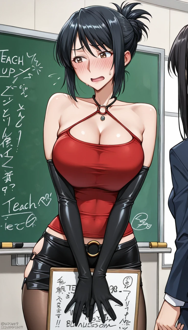 Annerose, 1girl, female mature, spread legs, hand holding cheek, long hair, black hair, pointy ears, yellow eyes, large breasts, (teacher suit:1.5), (skin tight:1.05), proper clothes, cowboy shot, cleavage, perfect body, (athletic body:1.1), anime face, perfect face, perfect eyes, anime eyes, smoky eyeliner, eyeshadow, looking at viewer, sharp focus, intricate details, masterpiece painting, professional artwork, (vibrant colors:1.1), vivid colors, Diffused lighting, digital blending, ultra detailed body, ultra detail hair, ultra detail face, trending on pixiv, by Kagami Hirotaka, (((mature woman, mature female, 35yo, seductive glance, smirk))), exquisite anatomy details, (best fingers and hands anatomy)