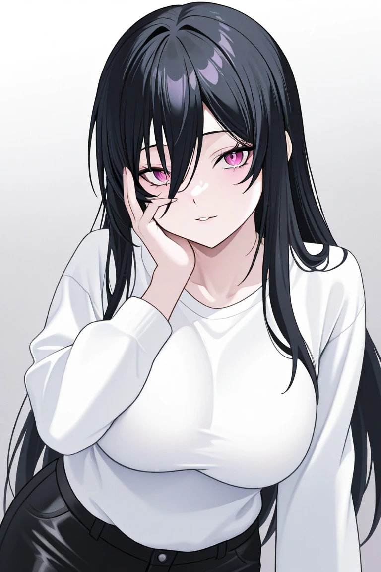 sad girl muscular muscular muscular breasts breasts breasts thick thick thick thick black hair yellow eyes pale skin pale skin thick thick thick long sleeve dark atmosphere thick thick thick thick thick thick muscular simple background sad sad sad sad tigth shirt