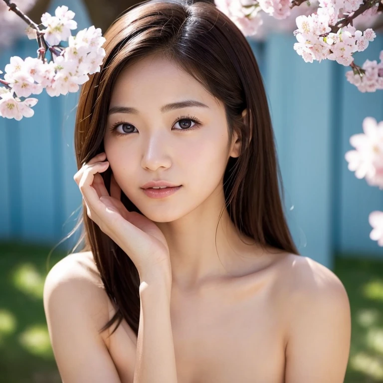 The face of a young, beautiful, naked Japanese woman smiling as she looks at me through the branches of cherry blossoms in a pure white room indoors. Focal length 100mmf/2.8, narrow white room, well-shaped face, toned body, complete nudity, maximum close-up of eyes, sense of realism, 8K image quality, highest quality.