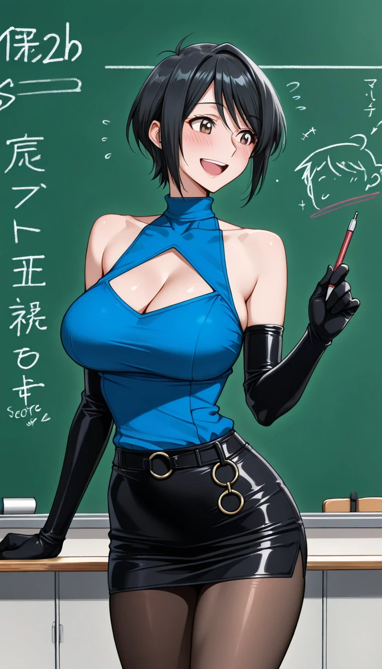 score_9, score_8_up, score_7_up, source_anime top quality、8k、masterpiece、natural light、high accuracy、Perfect Anatomy、One woman、medium chest、saggy breasts、black hair、shortcuts、boyish、( Happy Expression 、blushes)、bodycon, clothing cutout, elbow gloves, microskirt, o-ring,pantyhose, ((school classroom))、((Teacher 、Teach male students))、Writing on the board