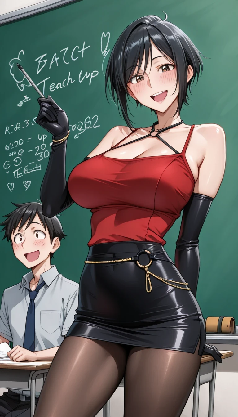 score_9, score_8_up, score_7_up, source_anime top quality、8k、masterpiece、natural light、high accuracy、Perfect Anatomy、One woman、medium chest、saggy breasts、black hair、(shortcuts)、boyish、( Happy Expression 、blushes)、bodycon, clothing cutout, elbow gloves, microskirt, o-ring,pantyhose, ((school classroom))、((Teacher 、Teach male students))、Writing on the board、shot above the knee during repairs