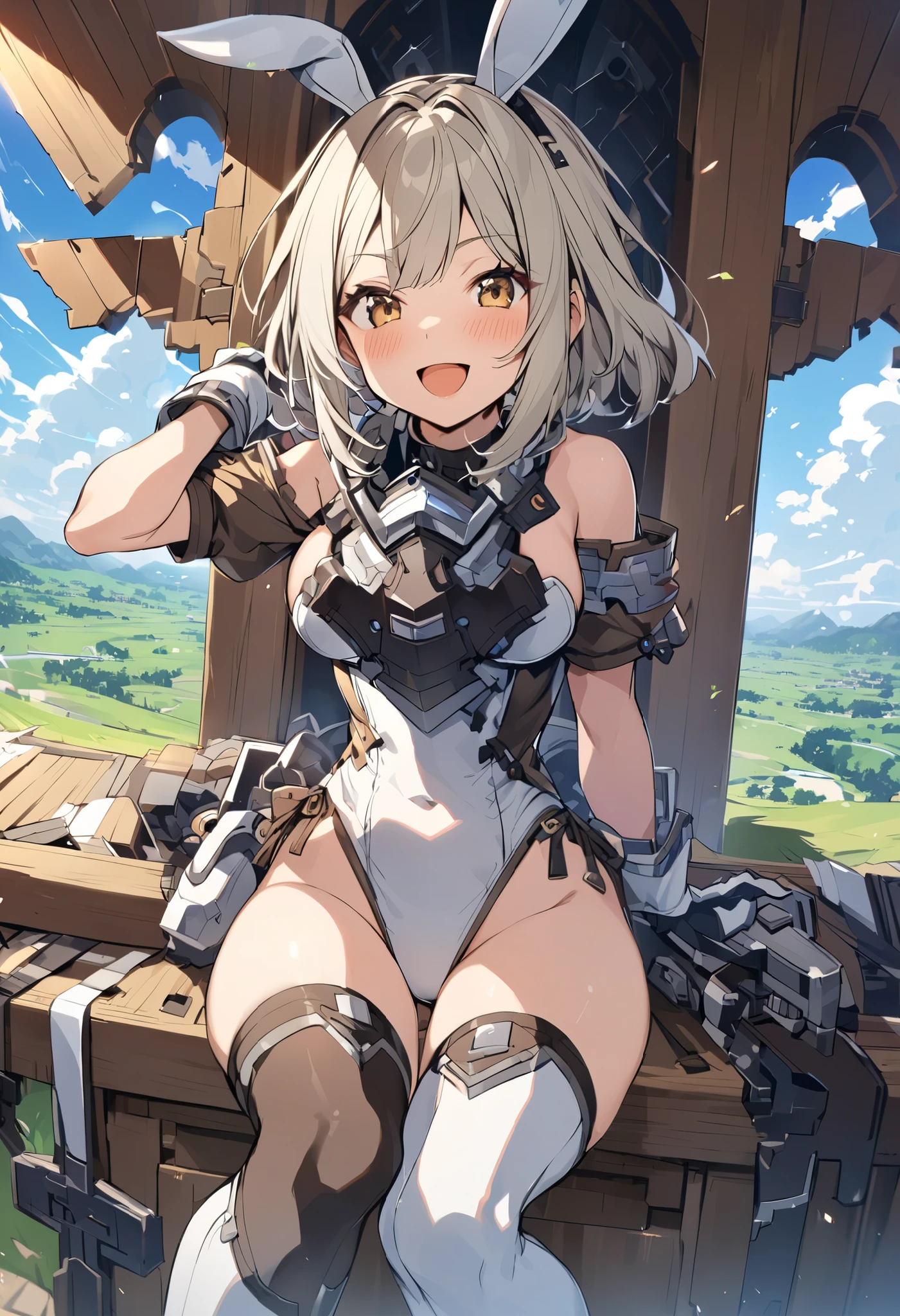 ,1young_teen_ girl,brown_hair,medium_bob_hair,platina_blond_hair,white_leotard,covered_crotch,thigh-highs,smile,standing,bluesky_landscape_background,slightly_spread_legs,happiness, short_gloves ,solo, r18, navel,relicbuster,short,boots,open_mouth,sitting,knees,bunny_ears