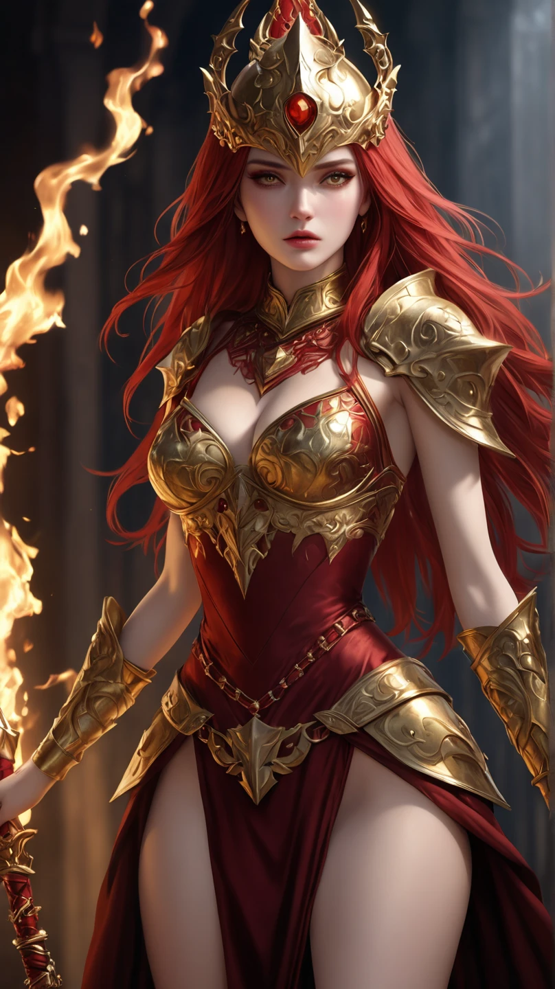 Fantasy Female sorceress, fiery red hair, latina,