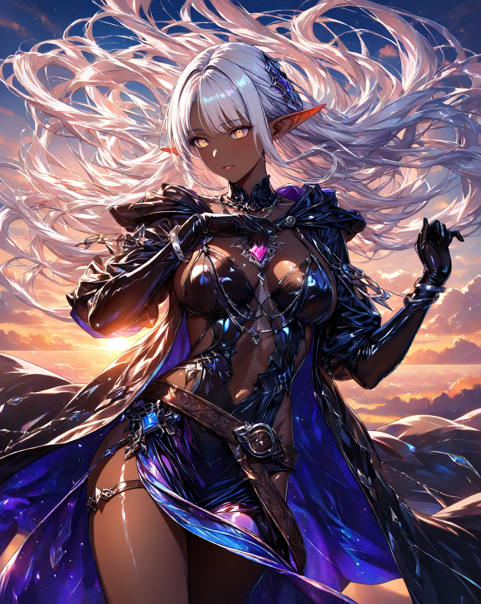 ((masterpiece, best quality)), (zentangle, mandala, tangle, entangle), (fractal art:1.3), the chaos knight, design by Yoshitaka Amano , life bringer, justice, death, death's gaze, demon within, corrupted, frank frazetta, BREAK, highly detailed of (dark elf), (1girl), solo, perfect face, details eye, short hair, low ponytail, Blunt bangs, (hair between eye), white hair, violet eyes, fantasy art by Artgerm, by Kawacy, by Wadim kashin, BREAK, eyelashes, eyeshadow, pink eyeshadow, (Scar on face), (dark skin:1.2), glaring, smile, medium breast, BREAK, extremely detailed, dynamic angle, cowboyshot, the most beautiful form of chaos, elegant, a brutalist designed, BREAK, ((many flowers)), (big trees), ((mushrooms growing on trees)), ((glowing foliage)), ((fallen log)), ((moss growing on log)), ((bioluminescent mushrooms)), ((iridescent flowers)), ((glowing flowers)), ((enchanting forest)),(((light particles))), ((flying moths)), ((bugs)), (((dark theme))), (((dark sky))), (Starry sky), ((void darkness)),