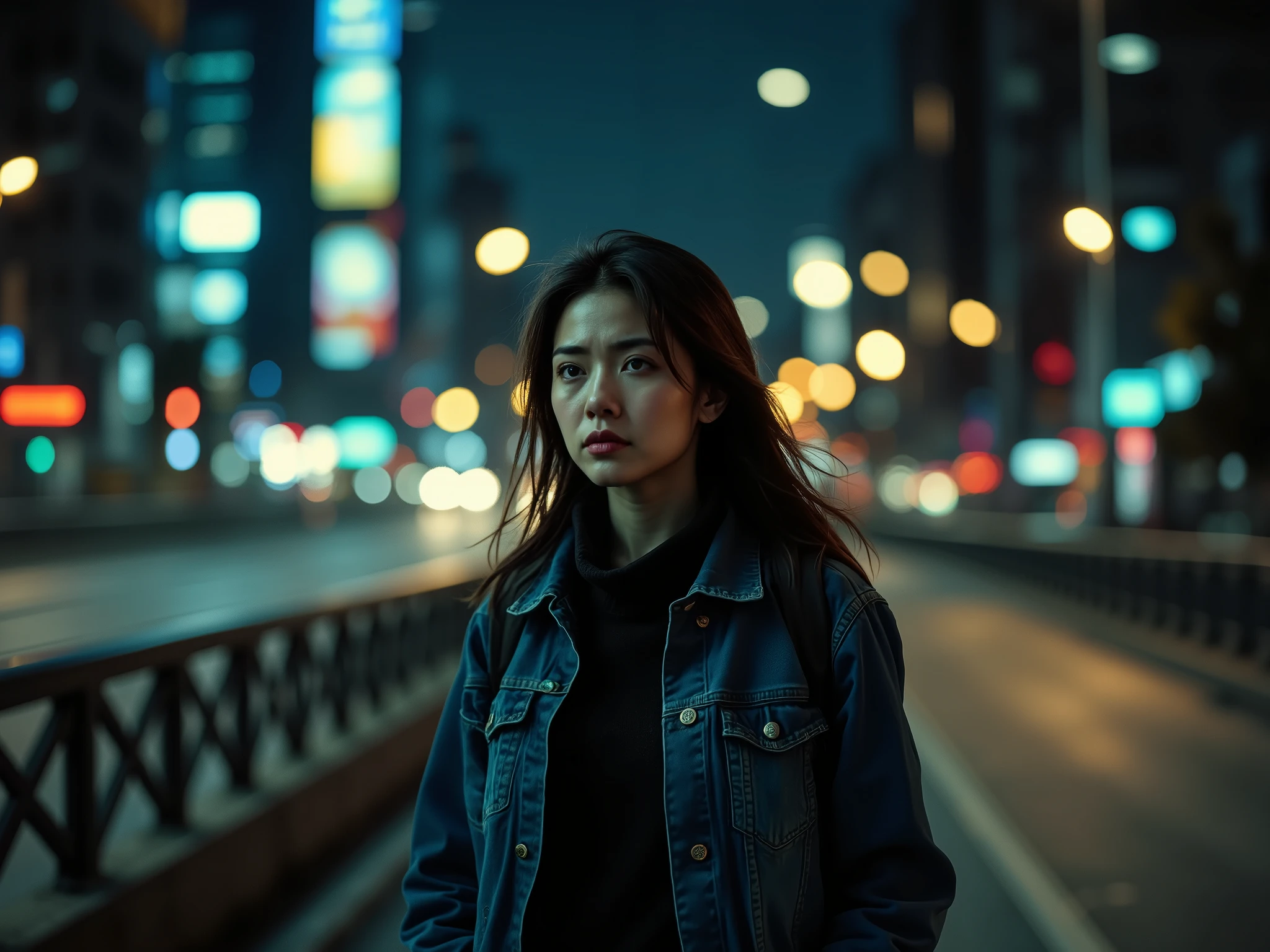 Hyperrealistic photograph, Canon EOS R5, 4:3, a working woman walking alone on an overpass at night, illuminated by city lights. Focus on her expression of weariness and the contrast between the vibrant city and her isolated figure. 8K resolution